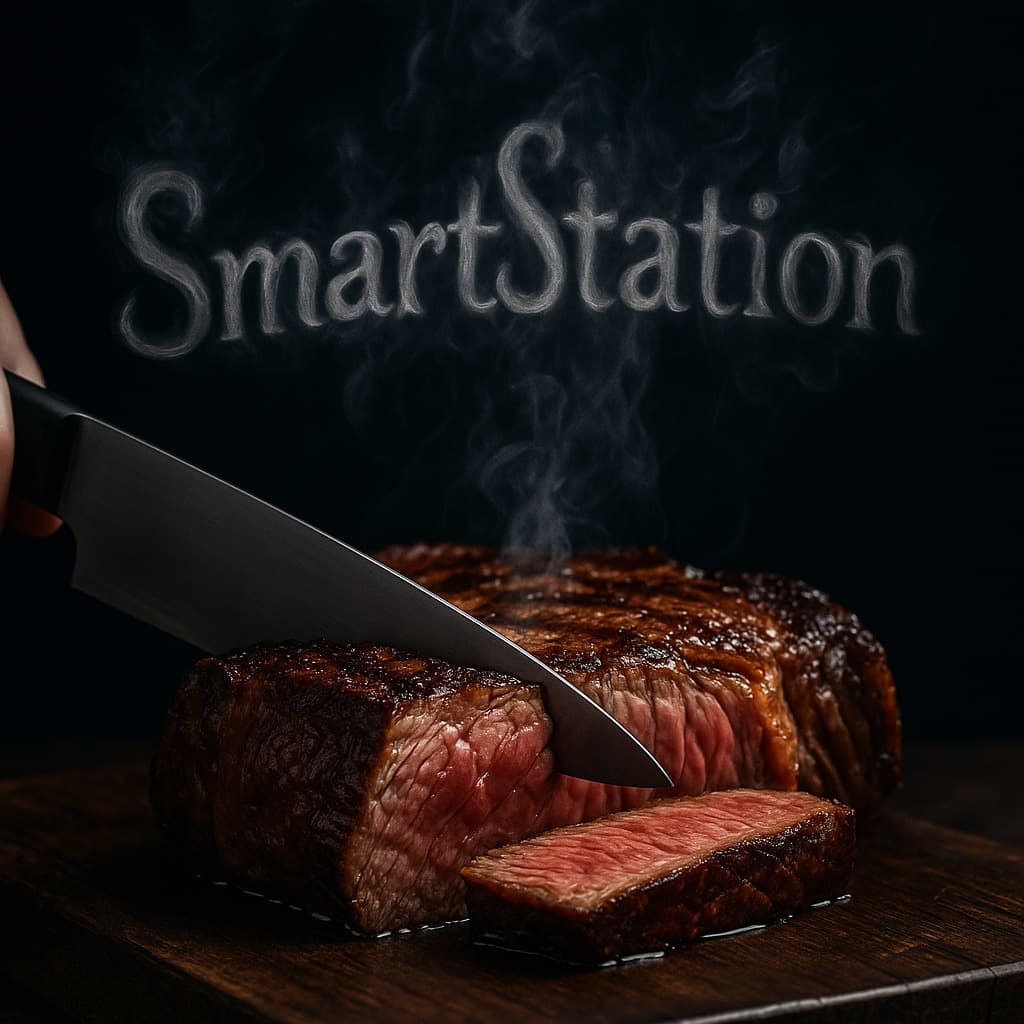Carne suculenta com fumaça formando SmartStation